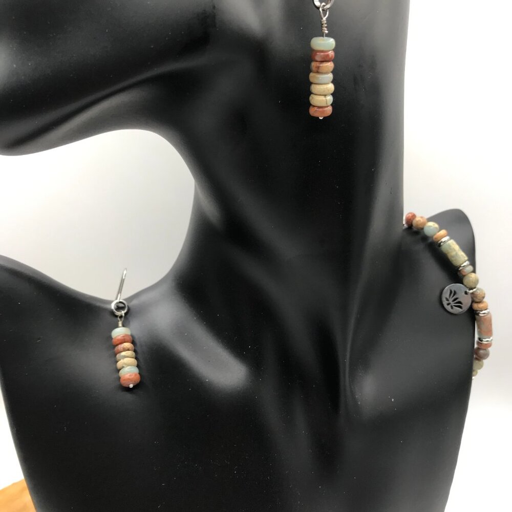 Jewelry Set Aqua Jasper Terra Heishi Earrings and Bracelet Brand NEW Gift Box
